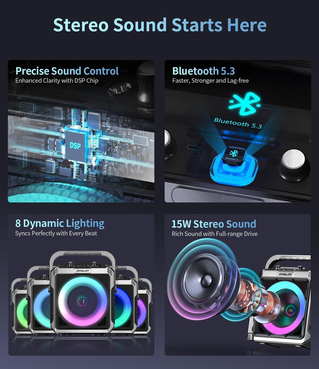 Portable Karaoke Machine, with 2 Wireless Microphones & LED Lights