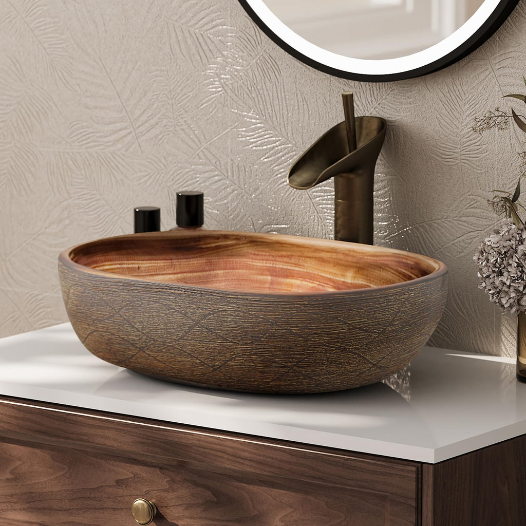 Homary Bathroom Vessel Sink, 23.23" Oval Bowl Sink Retro Ceramic Washbasin Above Counter for Bathroom,Without Pop-up Drain, Retro Brown