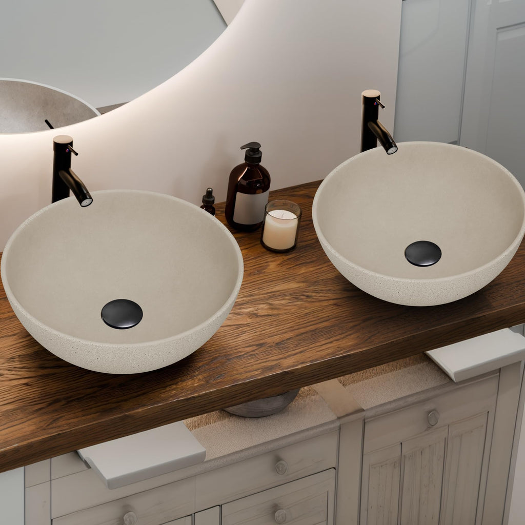 Design Vessel Sink Concrete Bathroom Sink above Counter Small Vessel Sink Bathroom Sink Bowl Countertop Modern Sinks with Faucet and Drain Combo 15.7" Round Gray