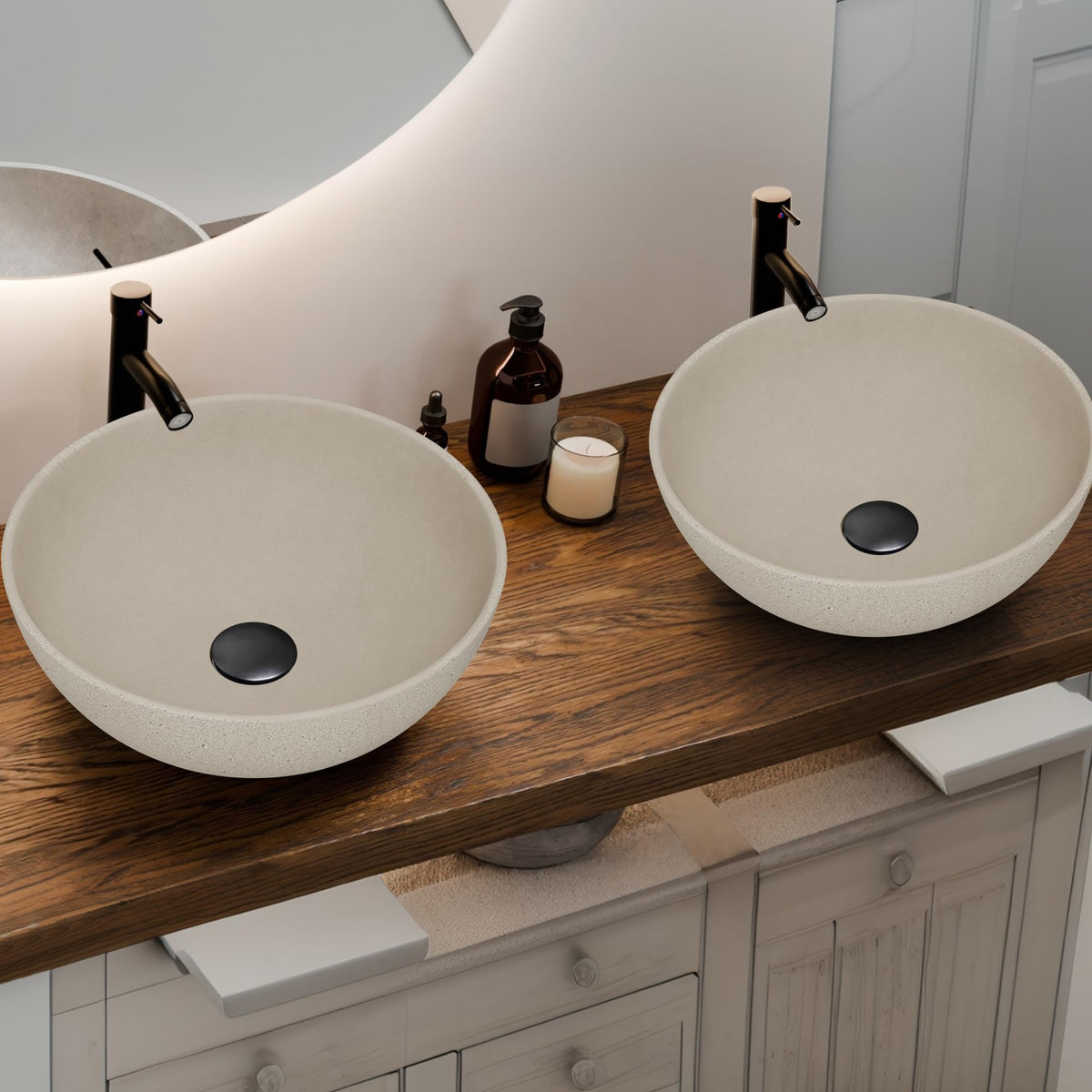 Design Vessel Sink Concrete Bathroom Sink above Counter Small Vessel Sink Bathroom Sink Bowl Countertop Modern Sinks with Faucet and Drain Combo 15.7" Round Gray