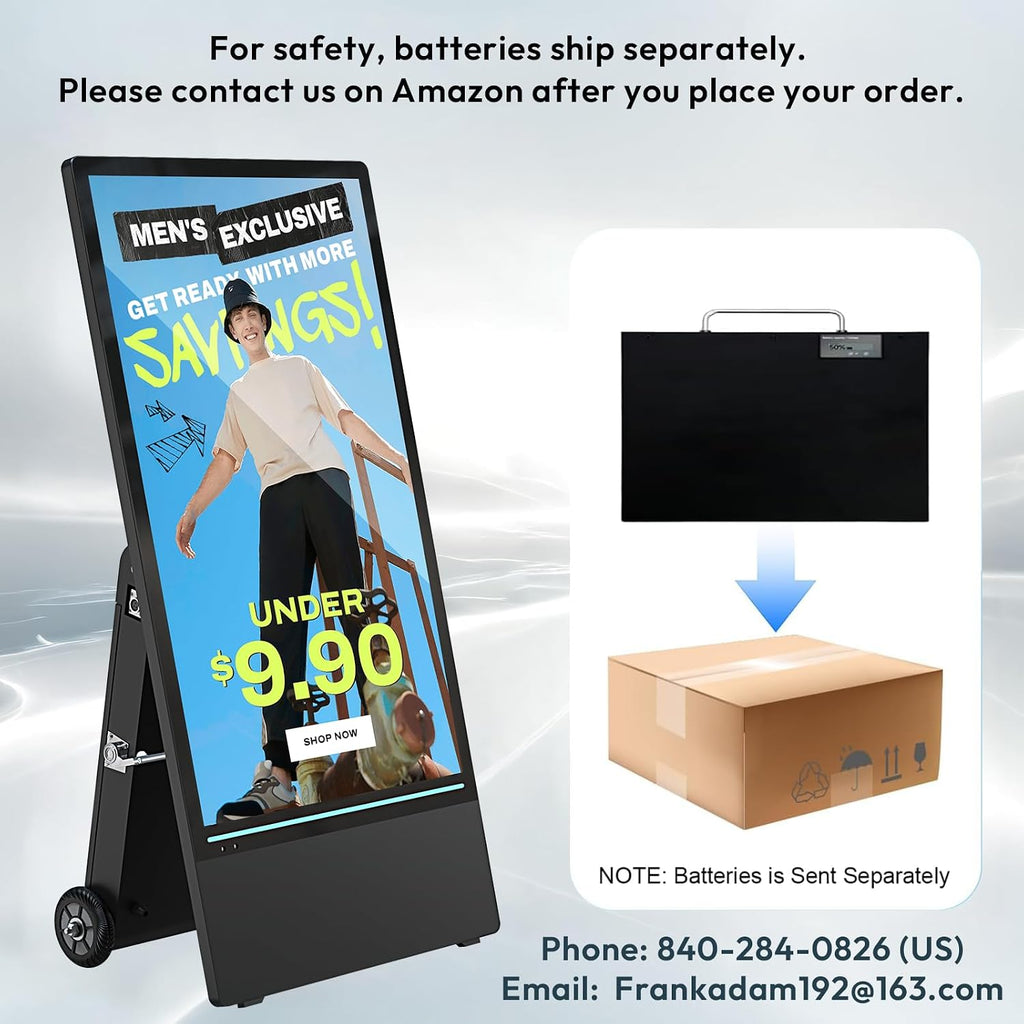 43 Inch Outdoor Digital Signage A-Frame Displays, Rechargeable Digital LCD Kiosks, Moveable Commercial Totem, IP65 Waterproof, Auto Adjustment 2000nits High Brightness Screen, High Capacity Battery for Restaurant/Bar/Food Truck/Store