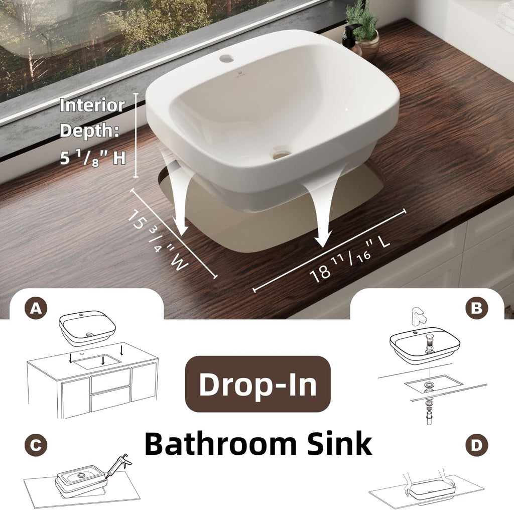 20â³W x 17â³D Drop In Bathroom Sink with Free Pop-Up Drain, White Ceramic Rectangular Semi Recessed Bathroom Sink with Single Faucet Hole, Modern Vessel Sink, Durable Above Counter Basin