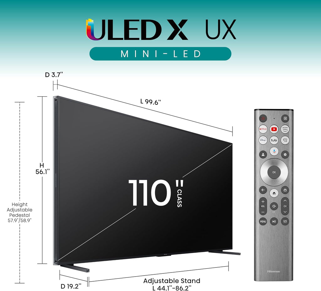 Hisense 110" Mini-LED Premium Flagship ULED X Series 4K UHD Google Smart TV (110UX) - MiniLED X, Up to 10k Brightness, QLED, 144Hz, Dolby Vision Atmos, HDR10+, 4.2.2 Ch Audio, Voice Control, Alexa
