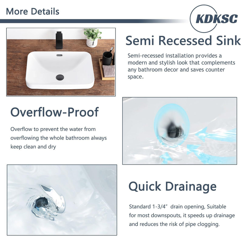 Bathroom Vessel Sink 16.7" X 12.6" Semi Recessed Bathroom Sink Rectangular Drop In Bathroom Sinks with Overflow White Ceramic Vessel Sinks for Bathroom Modern Above Counter Basin Vanity Sink