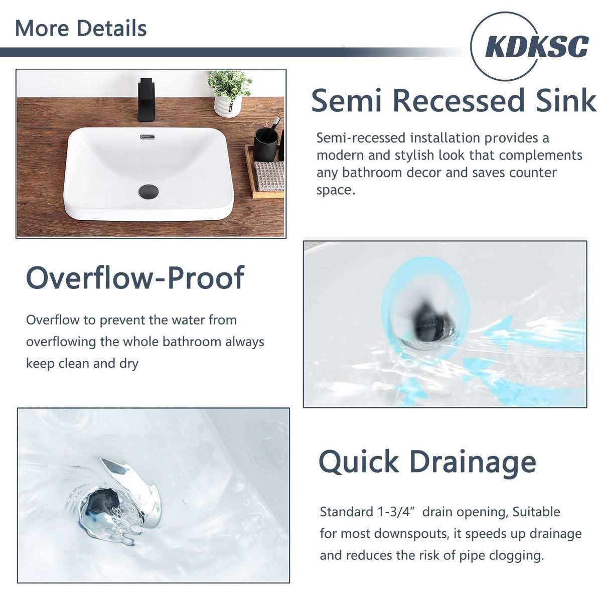 Bathroom Vessel Sink 16.7" X 12.6" Semi Recessed Bathroom Sink Rectangular Drop In Bathroom Sinks with Overflow White Ceramic Vessel Sinks for Bathroom Modern Above Counter Basin Vanity Sink
