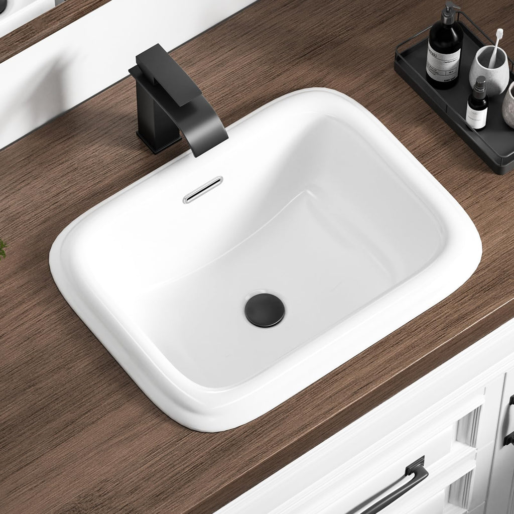 Small Bathroom Vessel Sink 16.7'' x 12.6'' Semi Recessed Bathroom Sink Rectangular Drop-in Vanity Sink with Overflow White Ceramic Modern Art Basin