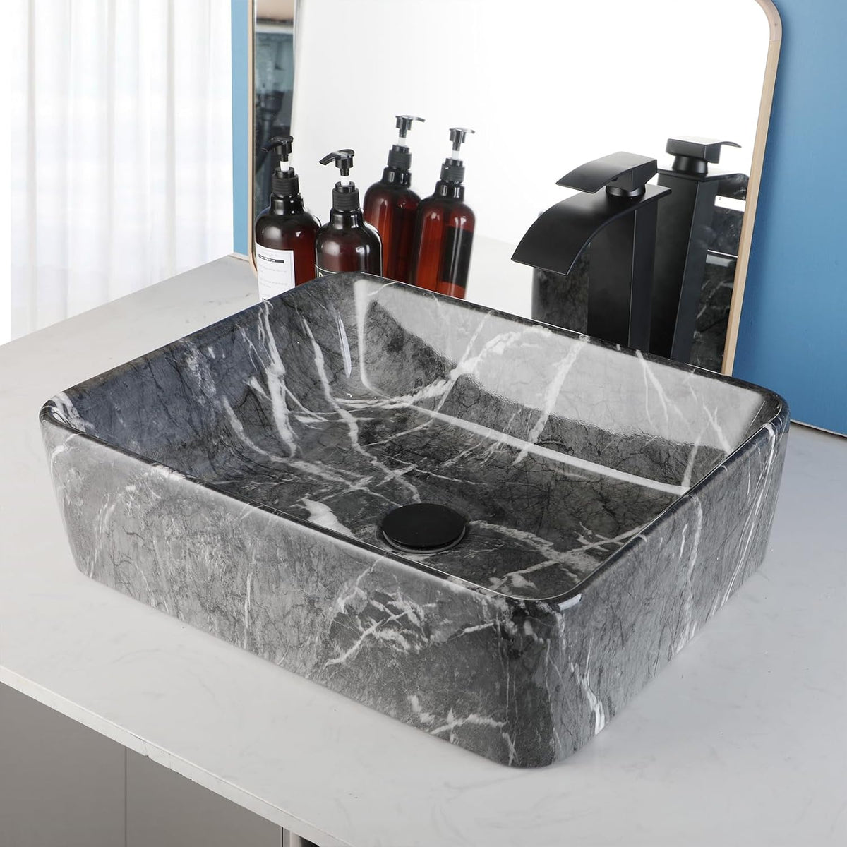 19"x15" Black Marbling Vessel Sink Set Rectangular