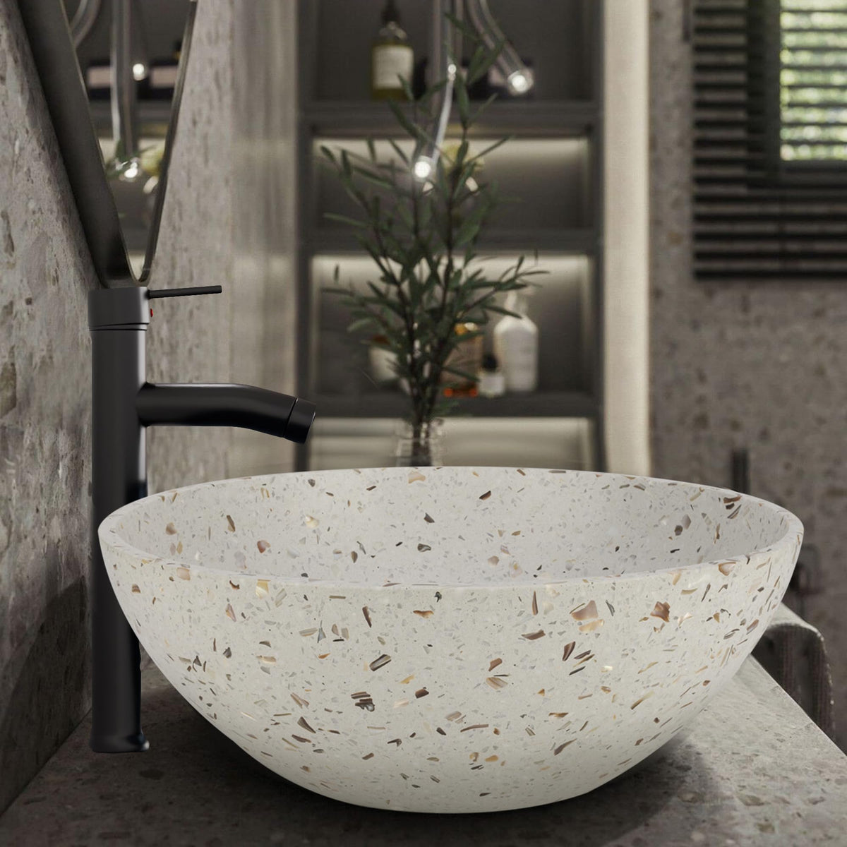 Design Vessel Sink Concrete Bathroom Sink above Counter Small Vessel Sink Bathroom Sink Bowl Countertop Modern Sinks with Faucet and Drain Combo 15.7" Round Gray