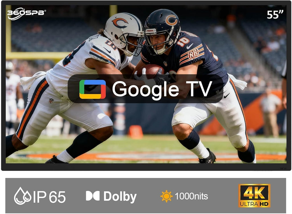 360SPB 55" Outdoor TV, 4K Ultra HD Google TV, 1000nits Sunlight Outdoor TVs, IP65 Weatherproof TV, Voice Control, Screen Mirroring, Compatible with Dolby, Family Patios & Terraces, Local News, Sports