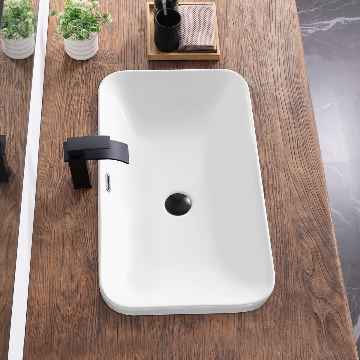Bathroom Vessel Sink 16.7" X 12.6" Semi Recessed Bathroom Sink Rectangular Drop In Bathroom Sinks with Overflow White Ceramic Vessel Sinks for Bathroom Modern Above Counter Basin Vanity Sink