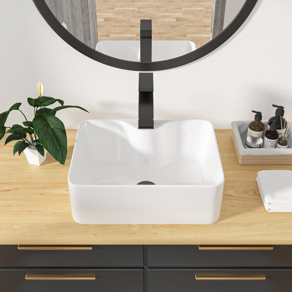 Kichae 16"x12" Vessel Sink Rectangle - Modern Above Matte Black Porcelain Ceramic Bathroom Vessel Vanity Sink Bowl Art Basin
