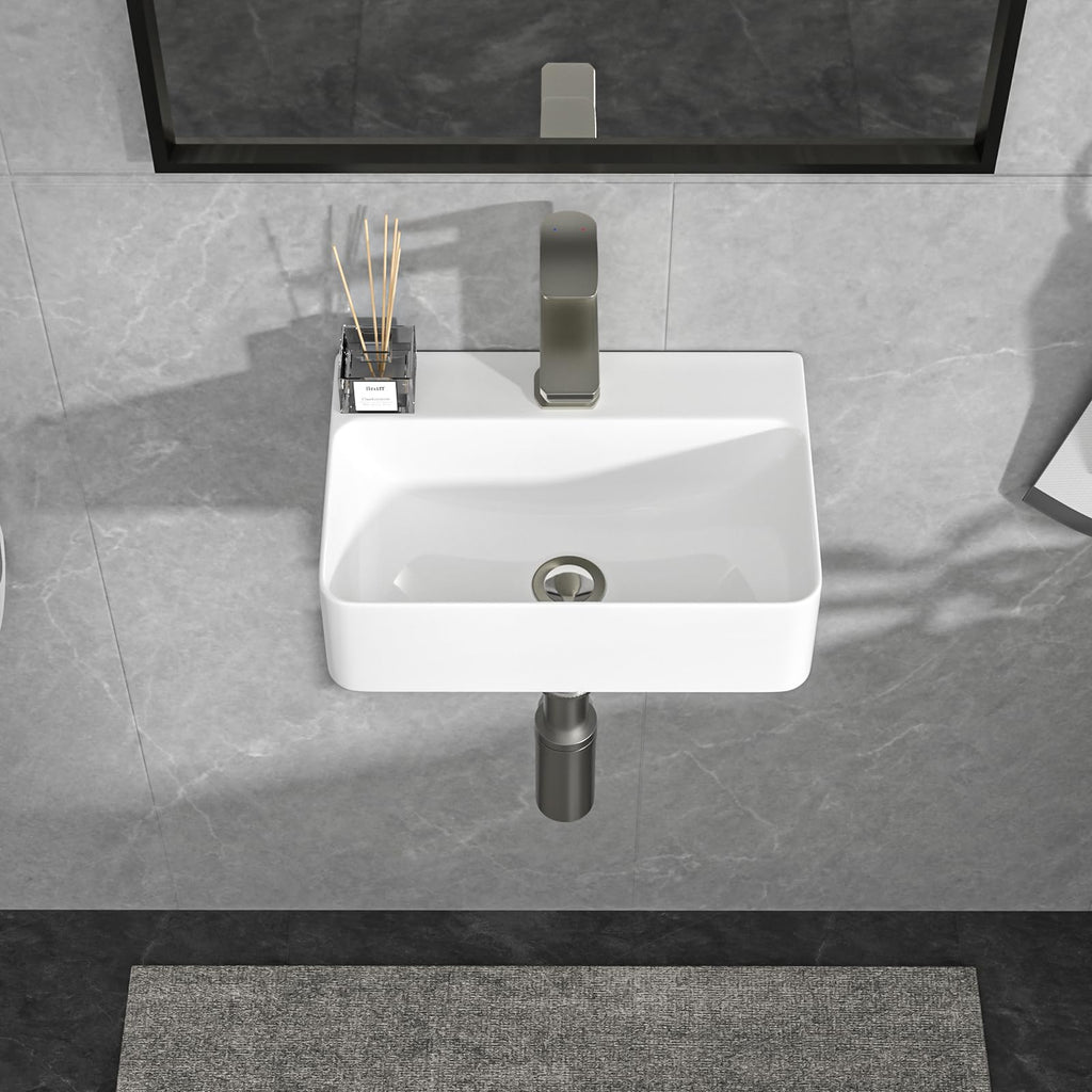 Lordear Wall Mounted Vessel Sink 16x11 Inch, U-Shape White Porcelain Bathroom Sink with Black Faucet and Support Pedestal Legs, Wall Hung Vanity Sink with Towel Rack for Small Bathrooms