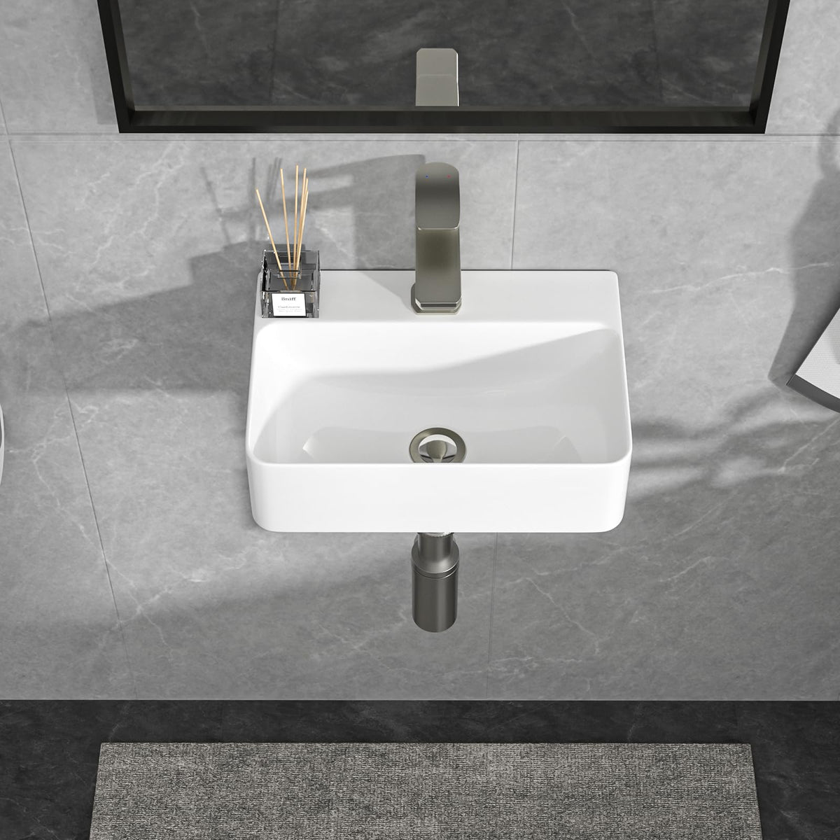 Lordear Wall Mounted Vessel Sink 16x11 Inch, U-Shape White Porcelain Bathroom Sink with Black Faucet and Support Pedestal Legs, Wall Hung Vanity Sink with Towel Rack for Small Bathrooms