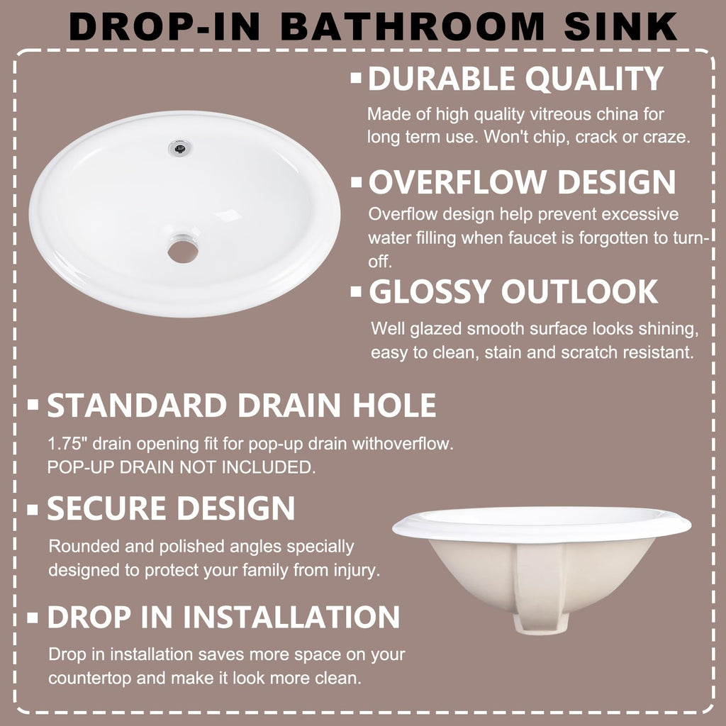 Small Bathroom Vessel Sink 16.7'' x 12.6'' Semi Recessed Bathroom Sink Rectangular Drop-in Vanity Sink with Overflow White Ceramic Modern Art Basin
