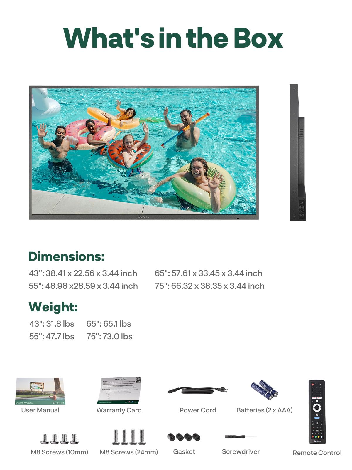 SYLVOX 75" QLED Outdoor TV, Smart Google TV, Anti-Glare 4K UHD, Dolby Atmos