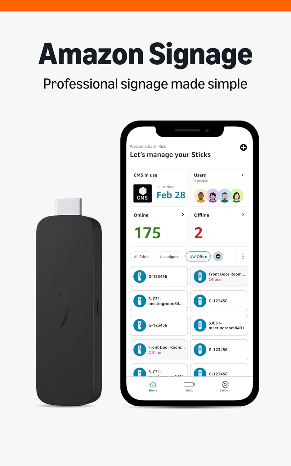 Amazon Signage Stick â Professional Digital Signage 4K Media Player â Designed for Businesses of All Sizes, Easy Setup with free Mobile App, and CMS Compatibility