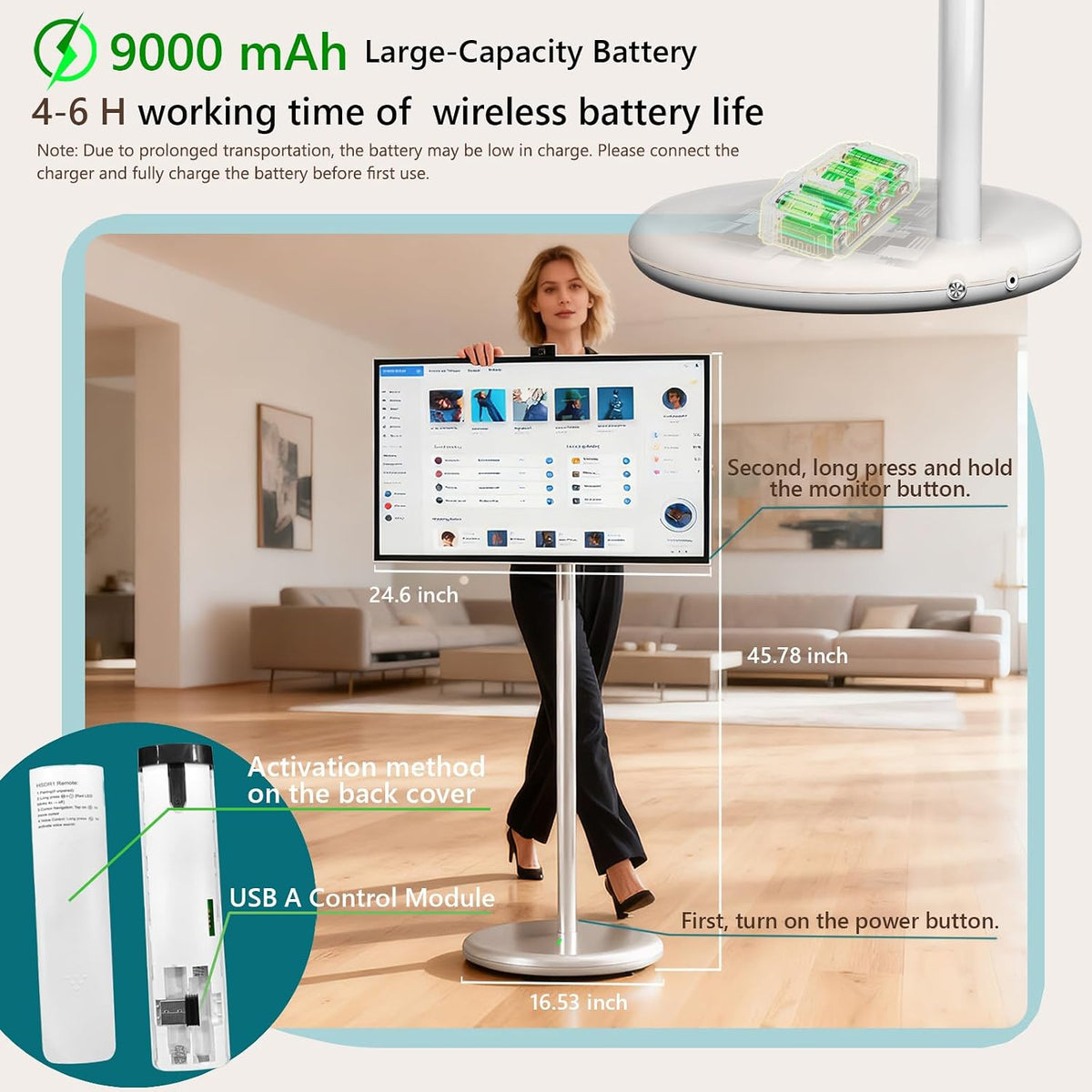 OFD 27" Portable TV on Wheels,Mobile TV Touchsreen for Home,Android 15,Gen2