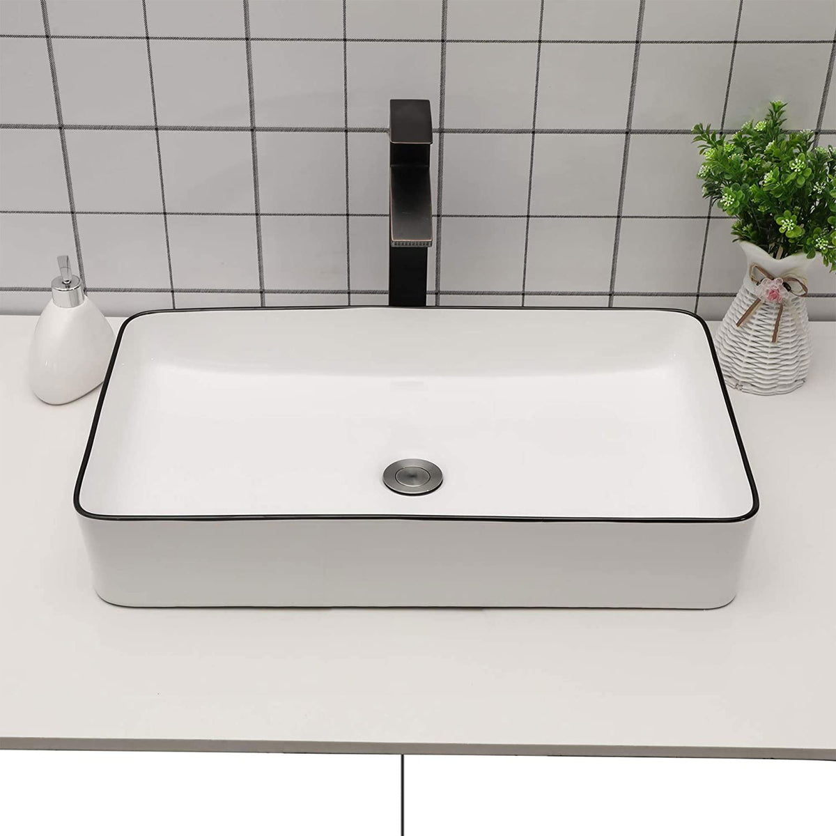 Sarlai Black Vessel Sink Rectangular - 24"x14" Modern Bathroom Vessel Sink Rectangle Above Counter Black Ceramic Porcelain Lavatory Vanity Sink Art Basin