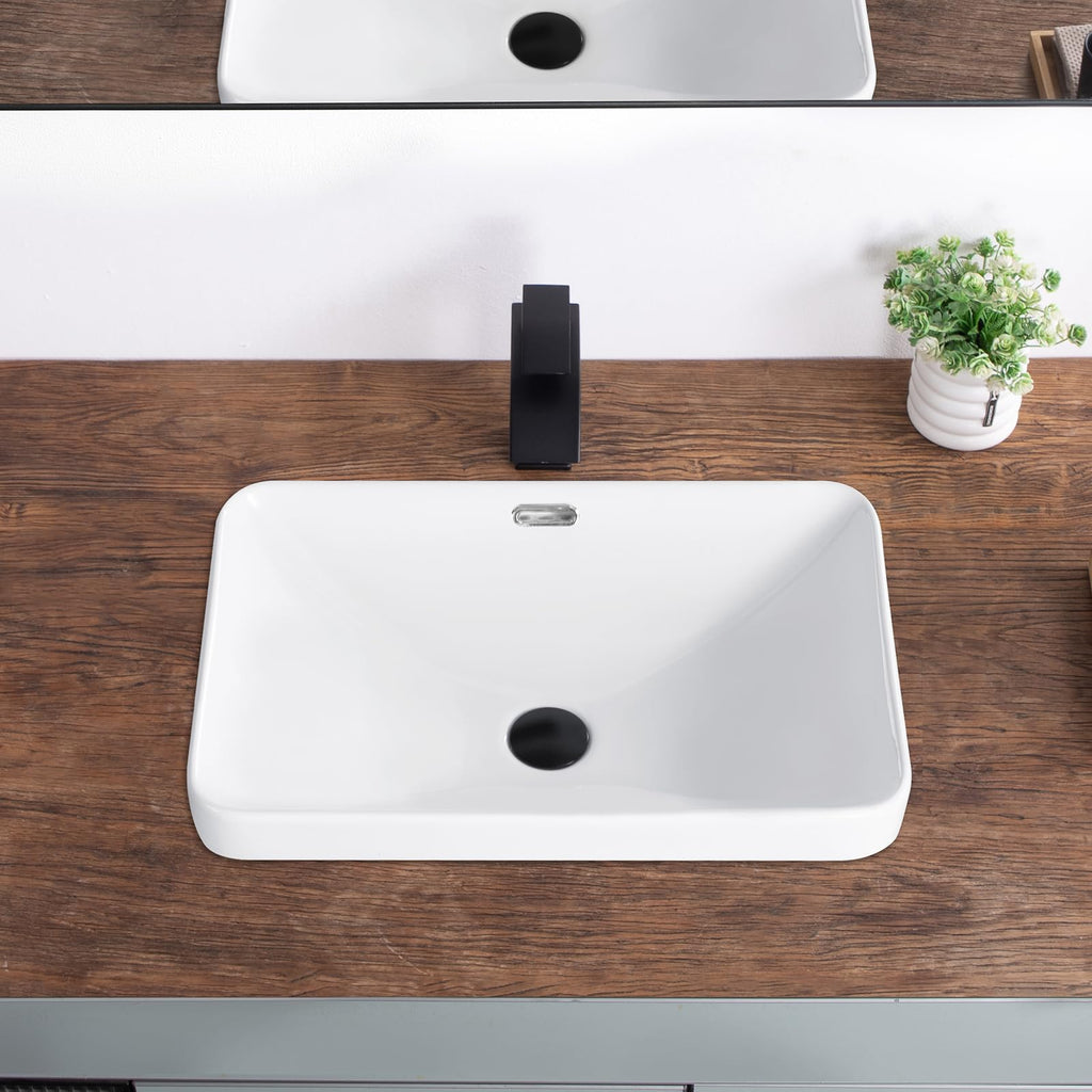 Bathroom Vessel Sink 16.7" X 12.6" Semi Recessed Bathroom Sink Rectangular Drop In Bathroom Sinks with Overflow White Ceramic Vessel Sinks for Bathroom Modern Above Counter Basin Vanity Sink