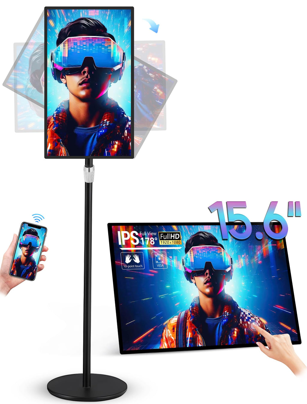 15.6" Digital Signage Capacitive Touchscreen Advertising Display with Adjustable Stand, 10000mAh Battery, Android 13 Commercial LCD Monitor with Auto Play, Wireless Screen Mirroring, 4+64GB
