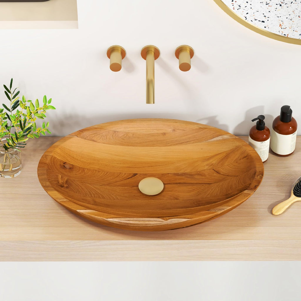 Giantex Teak Wood Vessel Sink - Bathroom Washbasin with Smooth Finish, Round Corner, 2.5â Drain Hole for 1 5/8" Drainage, Above Counter Vanity Sinks, No Assembly Art Basin (16â x 16â x 4â Bowl-shaped)
