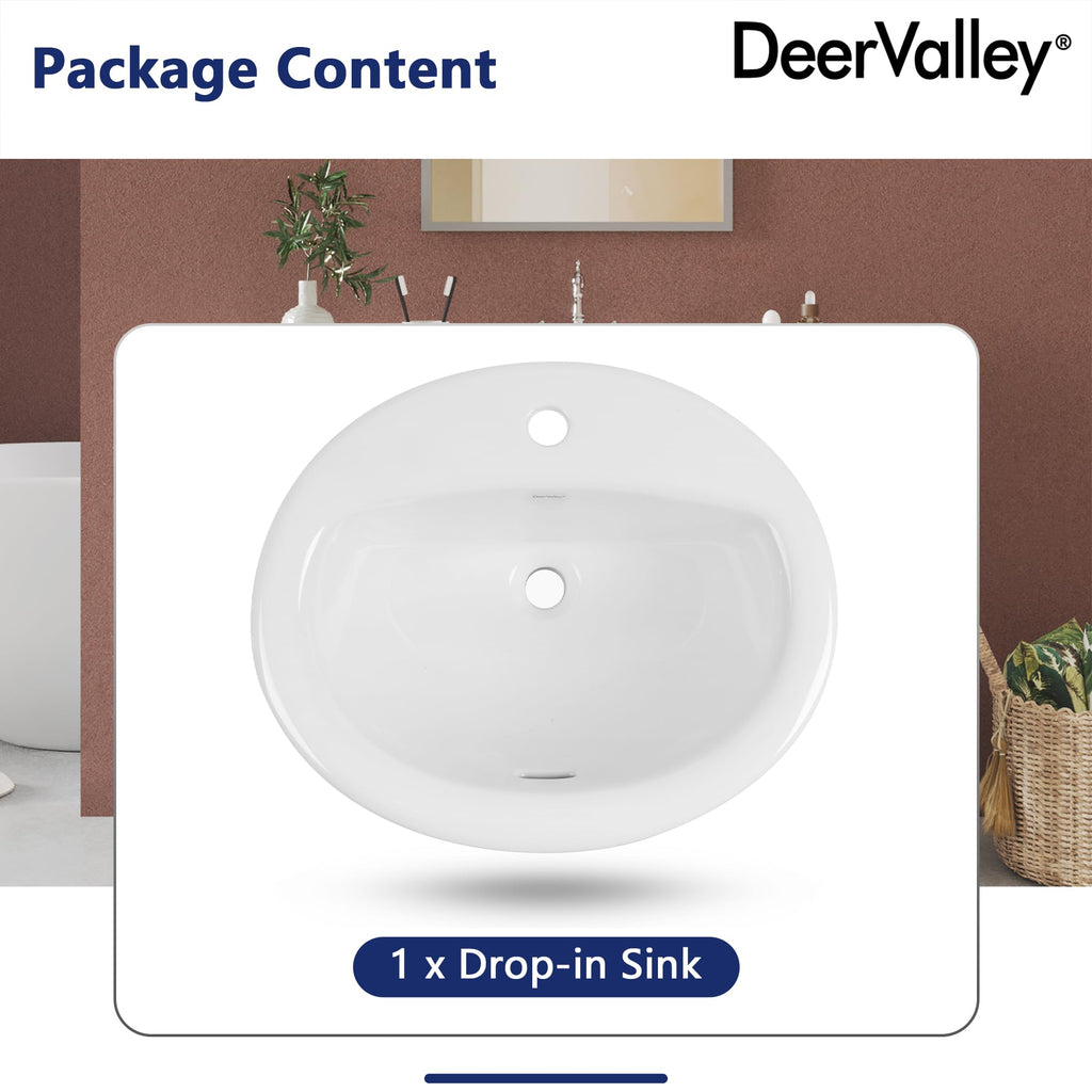 DeerValley Modern Drop In Bathroom Sink White 20"x17" Oval Vanity Art Basin
