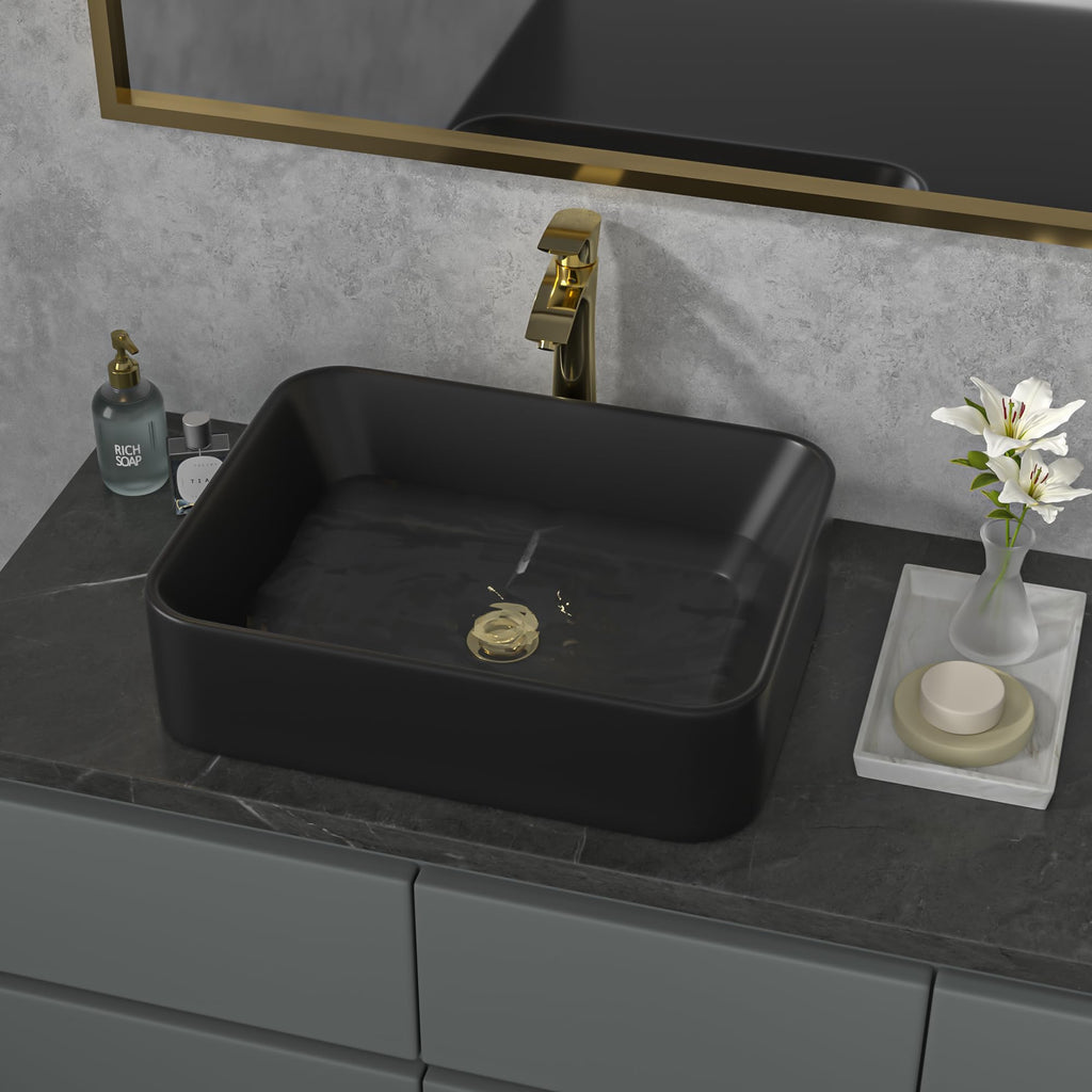Sarlai Black Vessel Sink Rectangular - 24"x14" Modern Bathroom Vessel Sink Rectangle Above Counter Black Ceramic Porcelain Lavatory Vanity Sink Art Basin