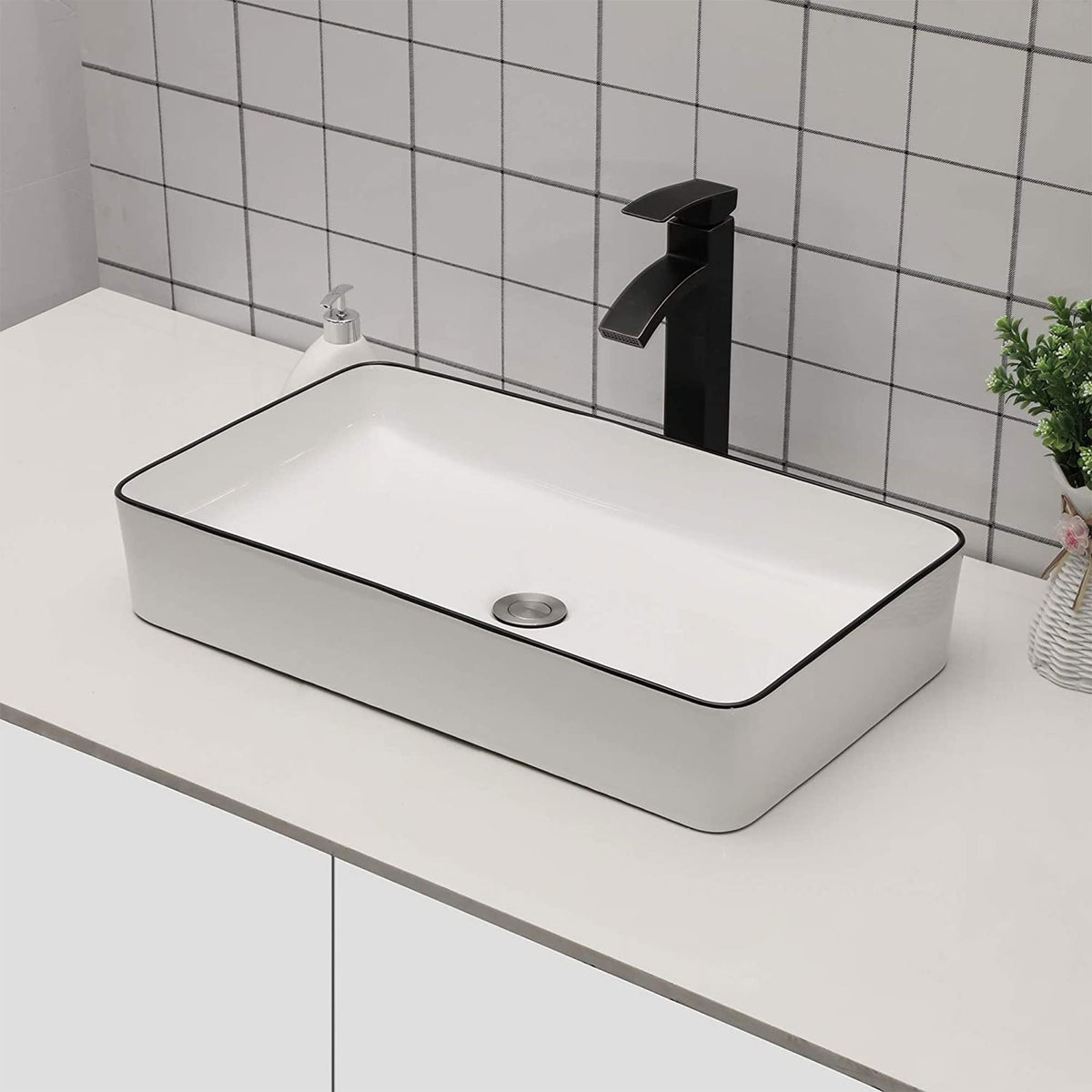 Sarlai Black Vessel Sink Rectangular - 24"x14" Modern Bathroom Vessel Sink Rectangle Above Counter Black Ceramic Porcelain Lavatory Vanity Sink Art Basin
