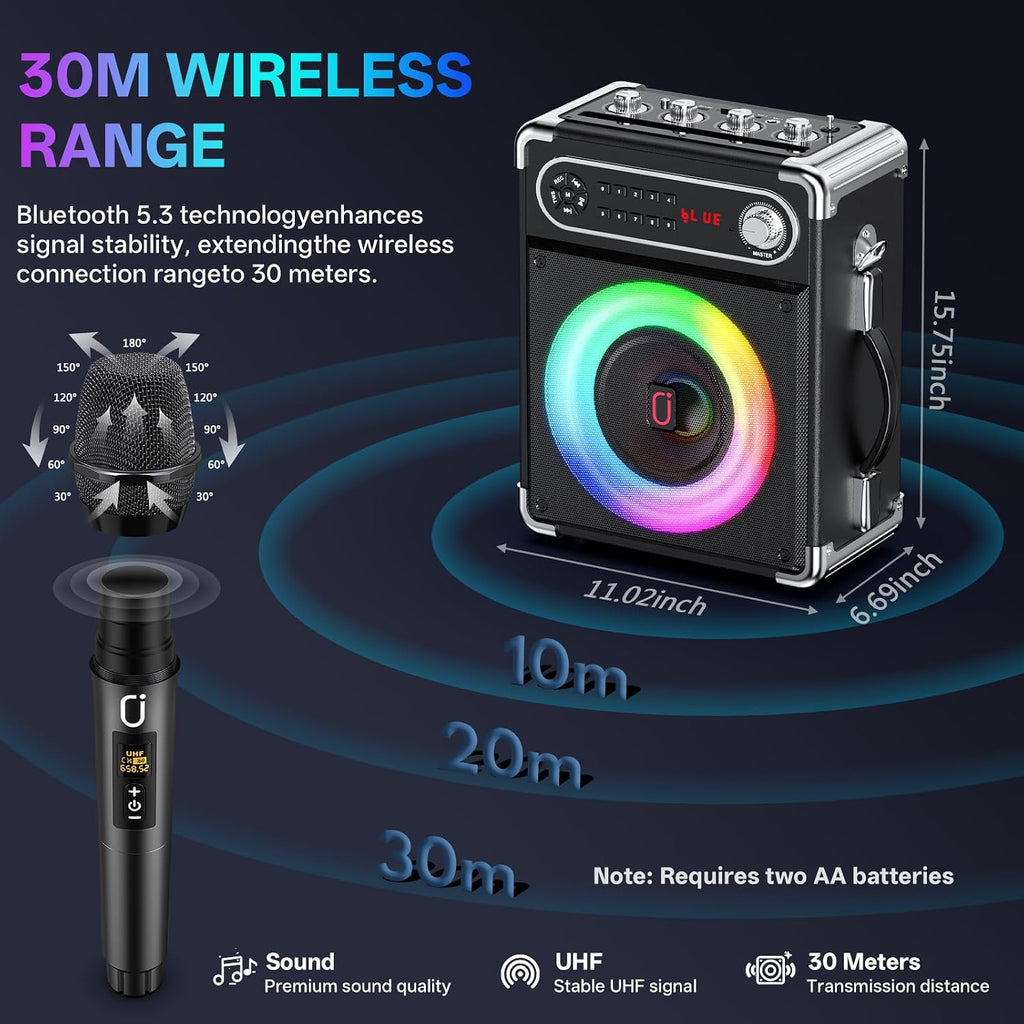 JYX 200W Karaoke Machine with 2 Wireless Microphones, Bass/Treble Control