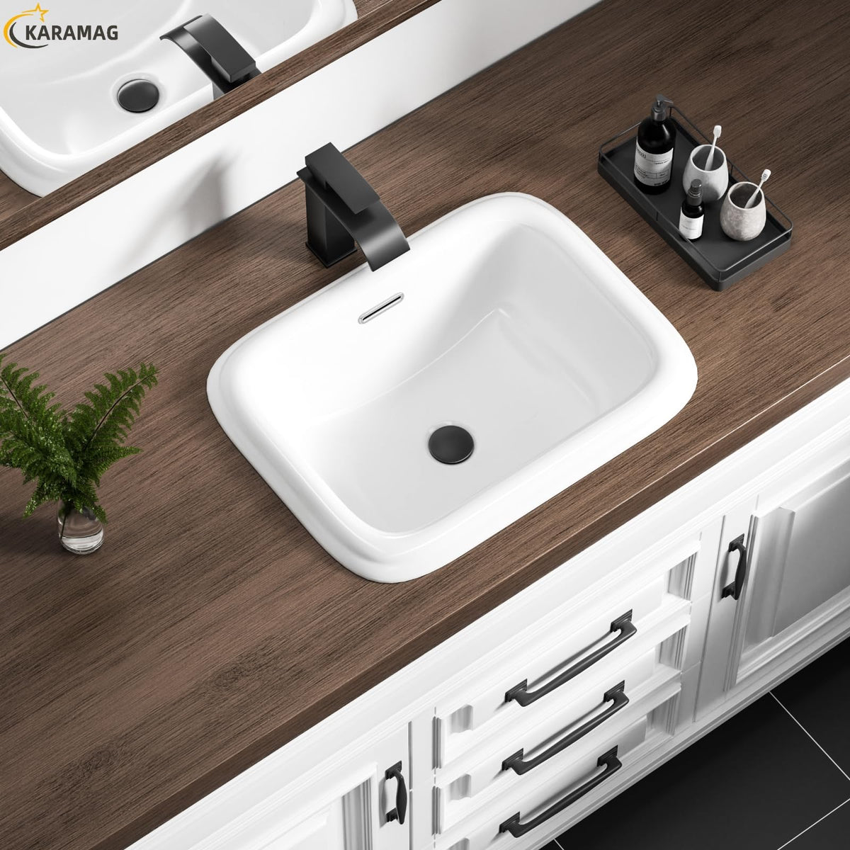 Small Bathroom Vessel Sink 16.7'' x 12.6'' Semi Recessed Bathroom Sink Rectangular Drop-in Vanity Sink with Overflow White Ceramic Modern Art Basin