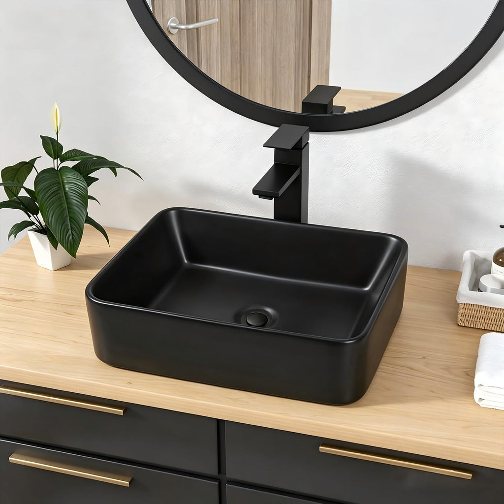 Kichae 16"x12" Vessel Sink Rectangle - Modern Above Matte Black Porcelain Ceramic Bathroom Vessel Vanity Sink Bowl Art Basin