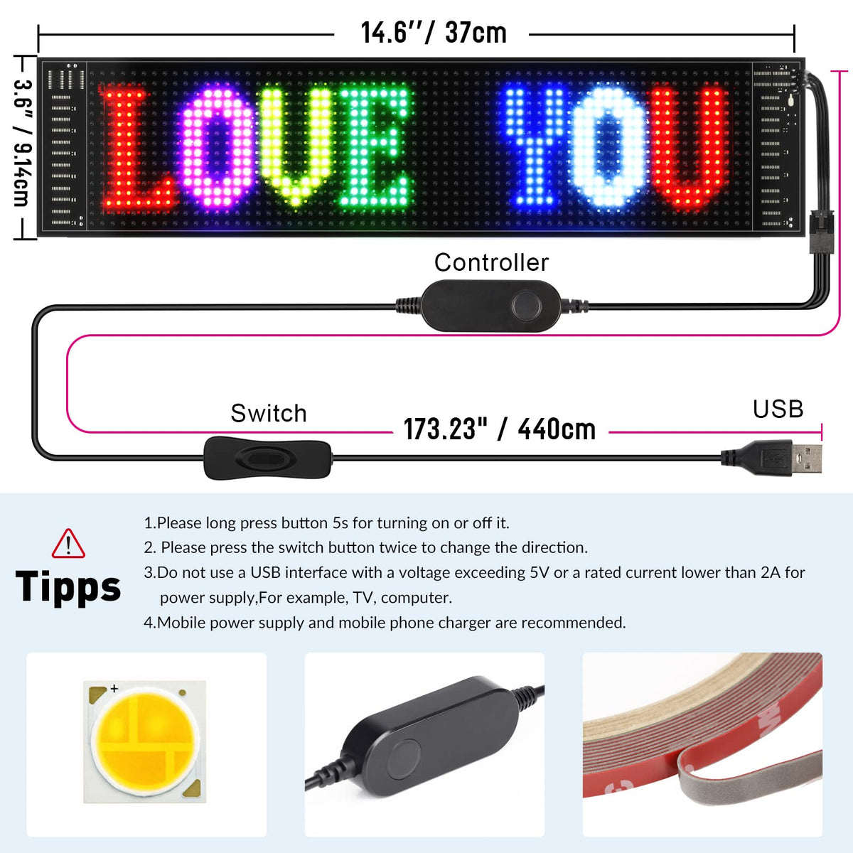 Rayhome 58''x8'' Large Multiple Programmable LED Sign, Full Color Bright Scrolling LED Signs, Bluetooth APP Control Custom Text Pattern Animation digital Display for Store Hotel Bar