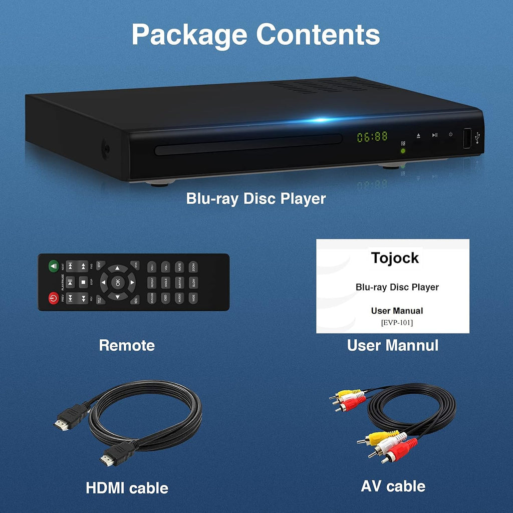Blu Ray DVD Player, 1080P Home Theater Disc System, Play All DVDs and Region A 1 Blu-Rays, Support Max 128G USB Flash Drive + HDMI/AV/Coaxial Output + Built-in PAL/NTSC with HDMI/AV Cable