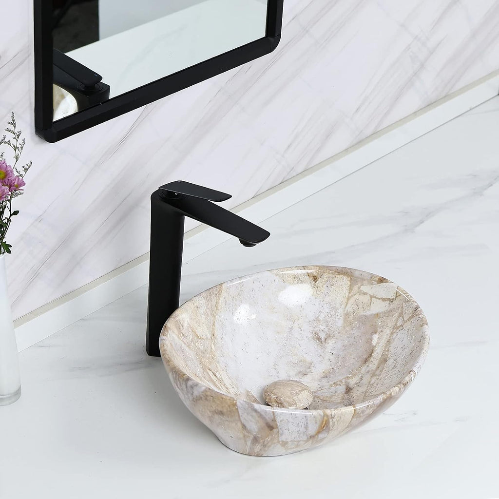 Davivy 16'' X 13'' Nordic Marbling Oval Vessel Sink with Pop Up Drain,Ceramic Vessel Sink,Bathroom Sinks Above Counter,Bathroom Vessel Sinks,Counter top Sink,Oval Sink Bowls for Bathroom