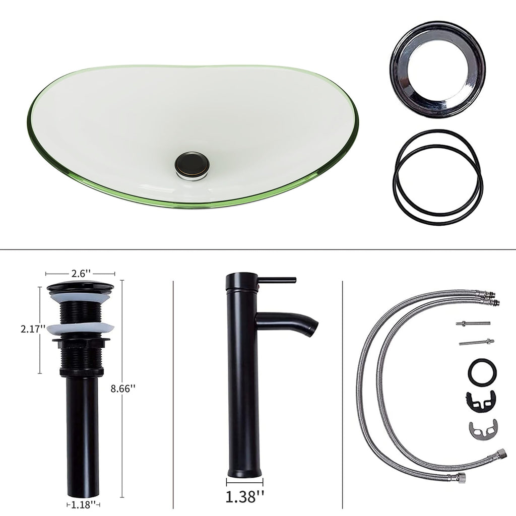Vessel Sink Bathroom Sinks Tempered Glass Art Basin 20.8"x13.7" Oval Bowl Above Counter with Faucet and Pop-Up Drain Combo, Oval Clear Grey,Modern Countertop Bowl Sink