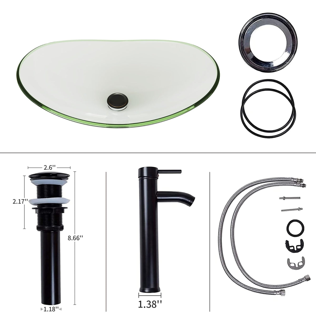 Vessel Sink Bathroom Sinks Tempered Glass Art Basin 20.8"x13.7" Oval Bowl Above Counter with Faucet and Pop-Up Drain Combo, Oval Clear Grey,Modern Countertop Bowl Sink
