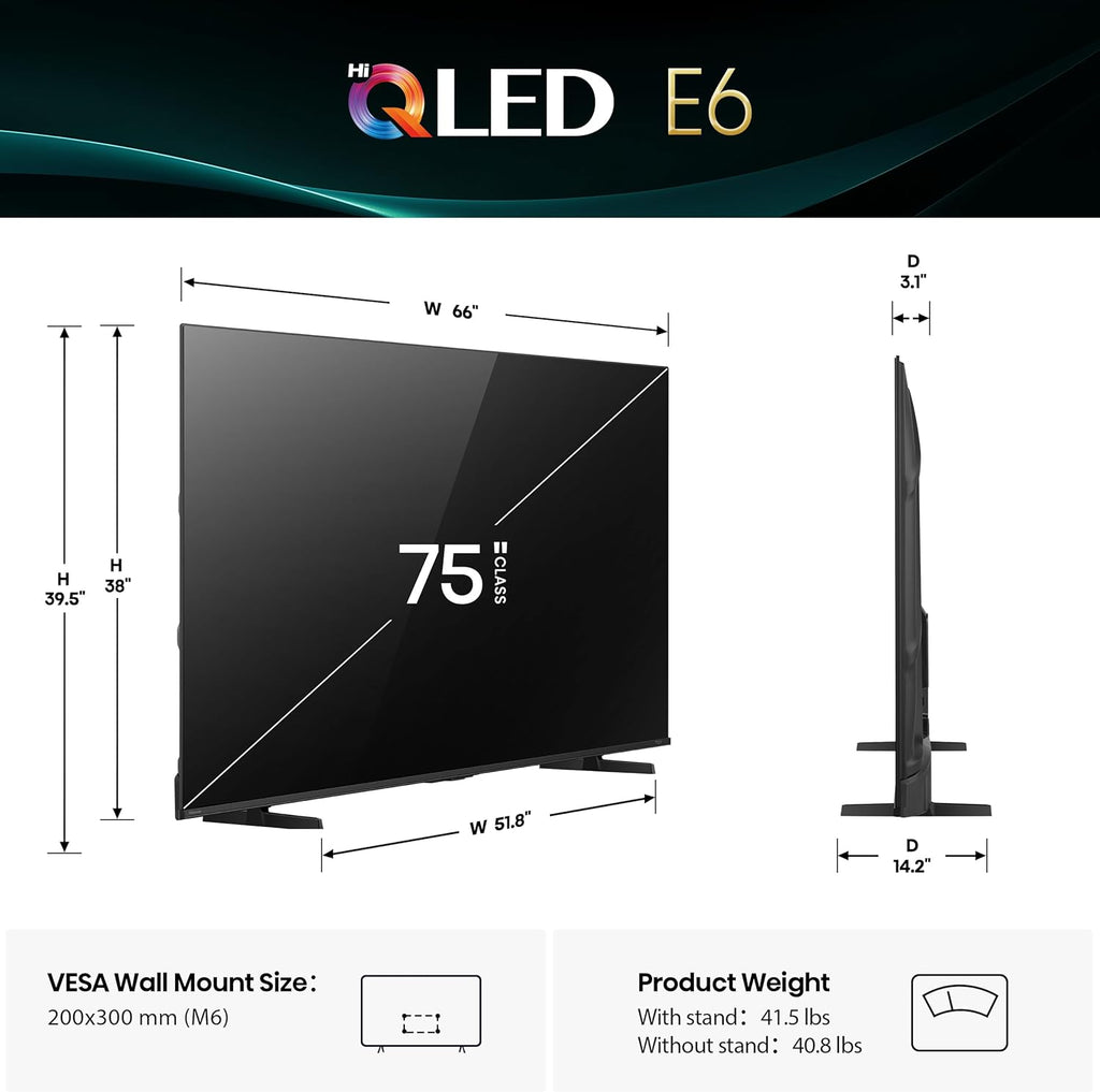 Hisense 75" E6 Cinema Series Hi-QLED 4K UHD Smart Fire TV (75E6QF) - AI Light Sensor, Dolby Vision Â· Atmos, Voice Remote with Alexa, Motion Rate 120, HDR 10+ Adaptive, Game Mode Plus