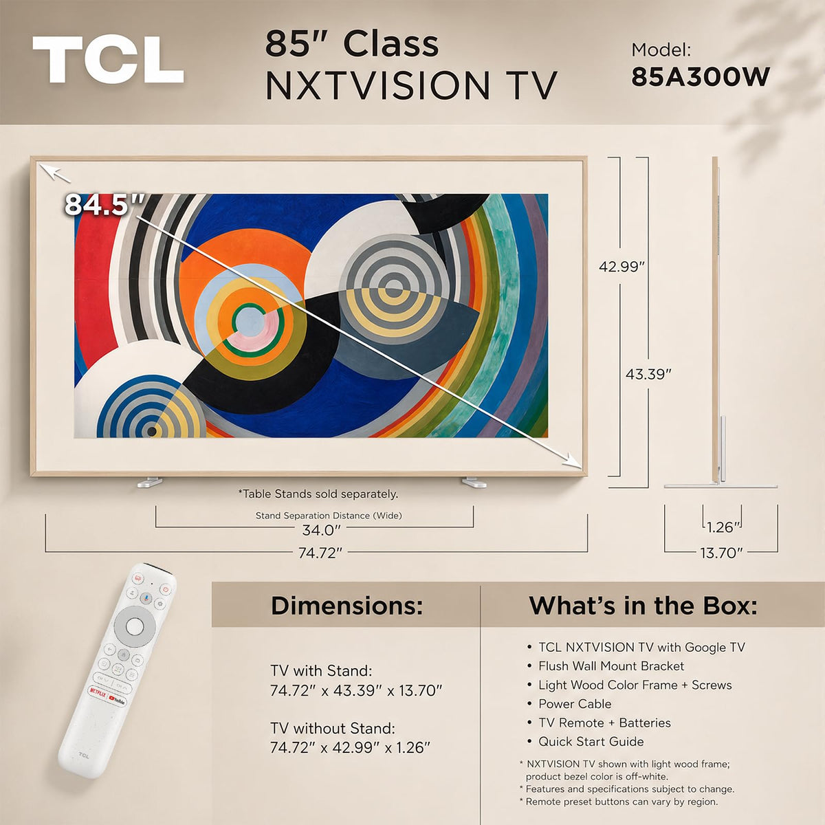 TCL 55" NXTVISION Series Picture Frame TV, Google Smart TV QLED 4K, 55A300W