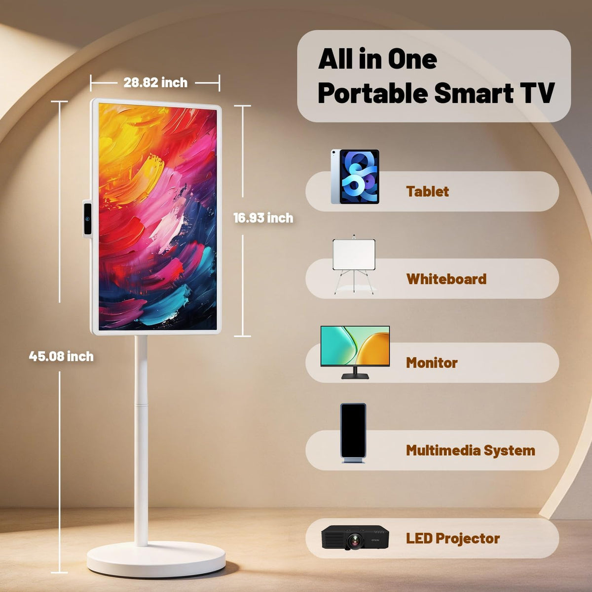 VLH 32 Inch Smart Portable TV Tablet with Rolling Stand, 1080P Touch Screen Rolling TV, Built-in 38400mAh Battery, Android 15, 8+128GB Wireless TV on Wheels with Remote, 360Â° Rotation, 5MP Camera
