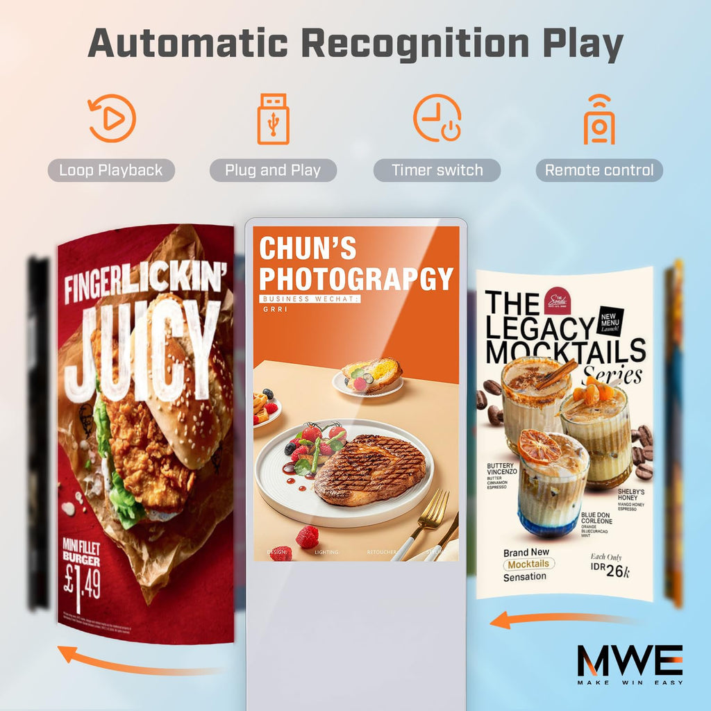 MWE 43 Inch Indoor Floor Standing Digital Signage Advertising Display Kiosk LCD Screen Commercial Totem Android System Vertical Poster with Auto Media Player