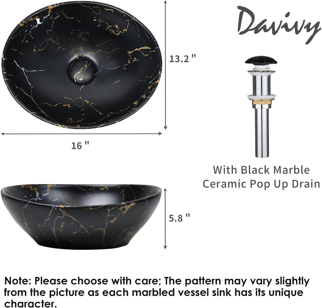 Davivy 16'' X 13.2'' Matte Black Oval Vessel Sink with Pop Up Drain,Bathroom Vessel Sinks,Bathroom Sinks Above Counter,Ceramic Vessel Sink,Counter top Sink,Black Sink Bowls for Bathroom