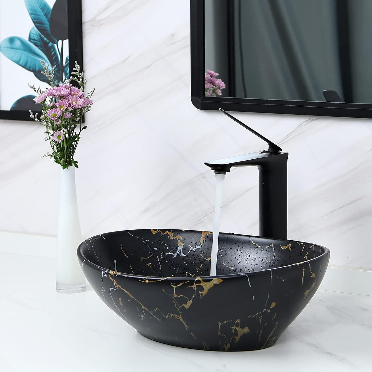 Davivy 16'' X 13.2'' Matte Black Oval Vessel Sink with Pop Up Drain,Bathroom Vessel Sinks,Bathroom Sinks Above Counter,Ceramic Vessel Sink,Counter top Sink,Black Sink Bowls for Bathroom