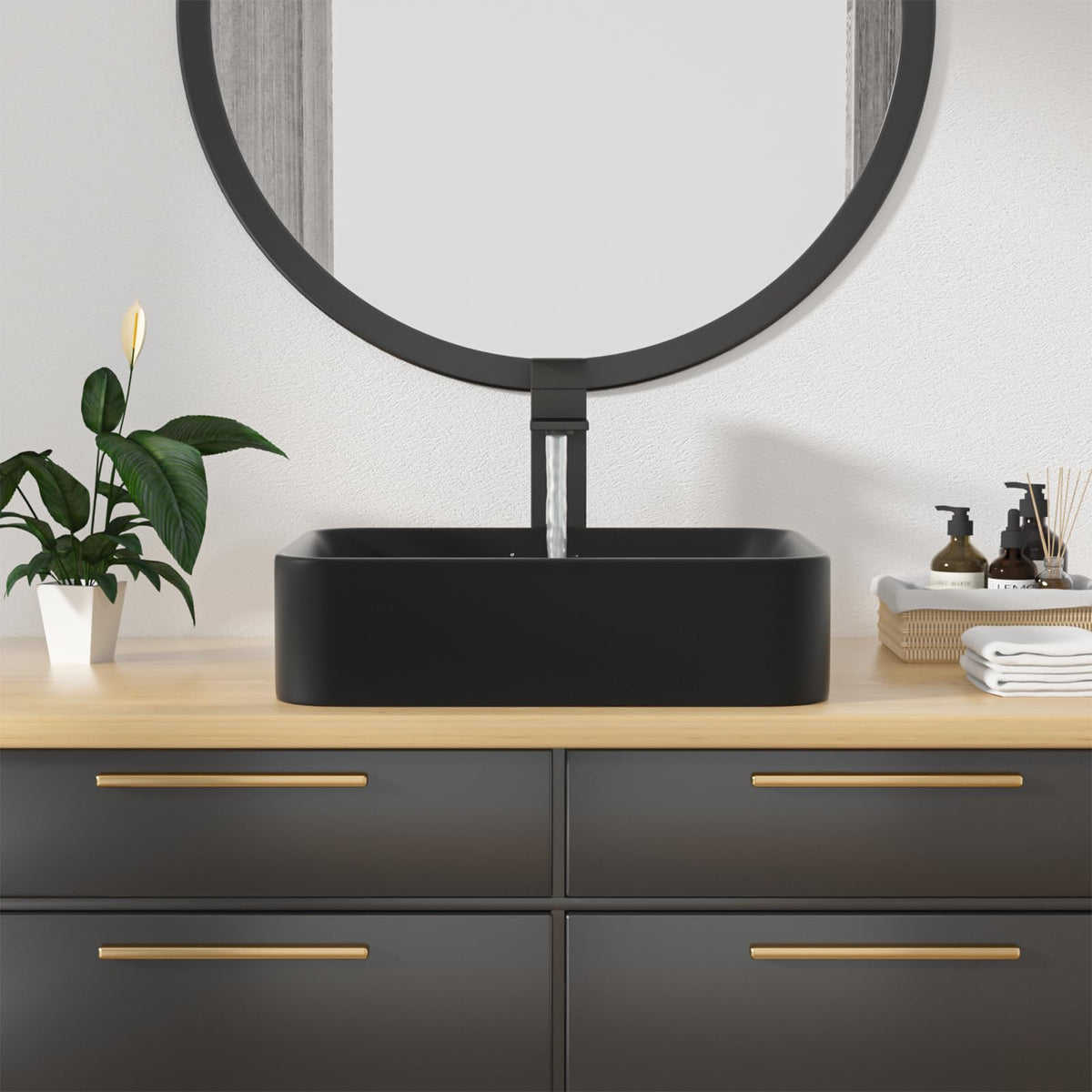 Kichae 16"x12" Vessel Sink Rectangle - Modern Above Matte Black Porcelain Ceramic Bathroom Vessel Vanity Sink Bowl Art Basin