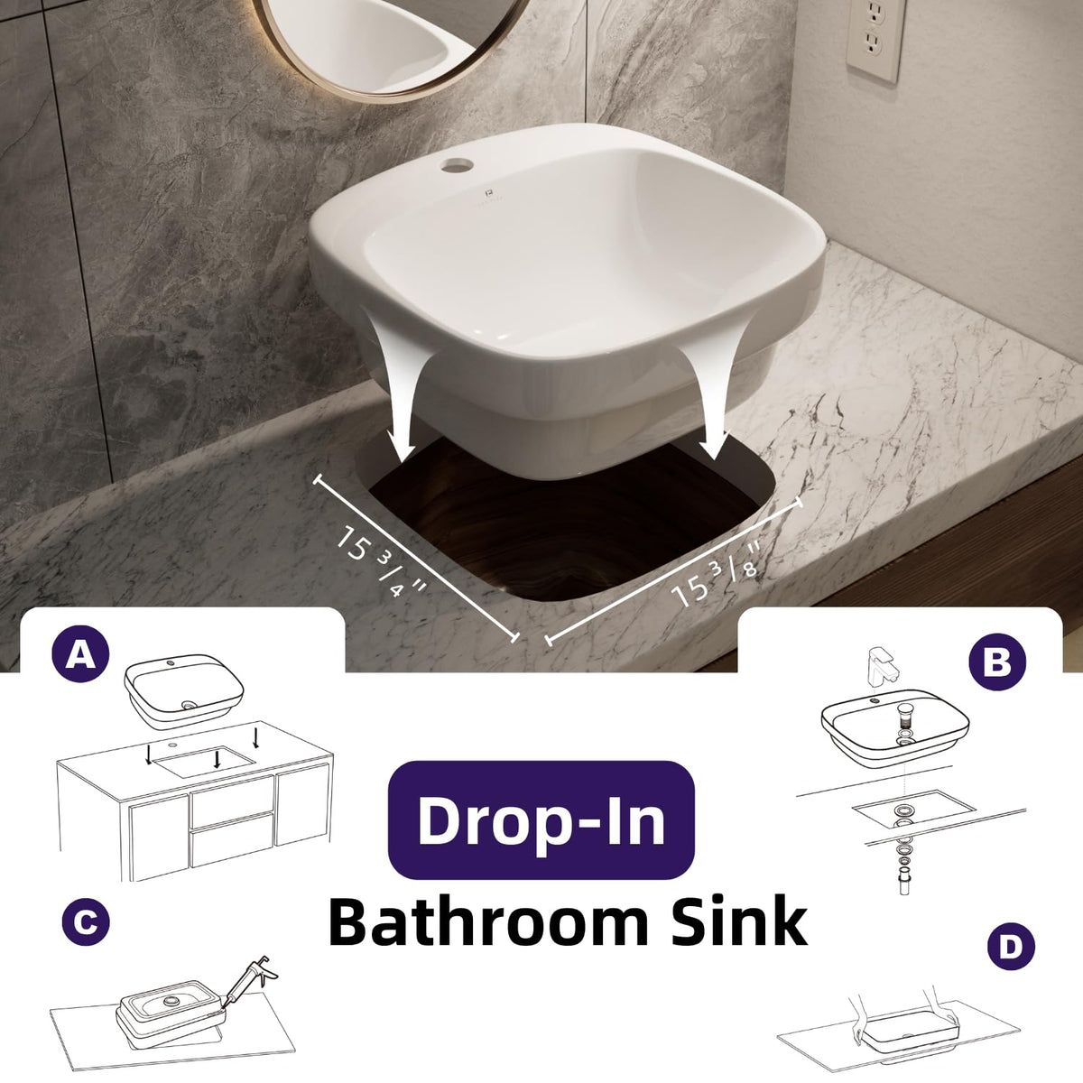 20â³W x 17â³D Drop In Bathroom Sink with Free Pop-Up Drain, White Ceramic Rectangular Semi Recessed Bathroom Sink with Single Faucet Hole, Modern Vessel Sink, Durable Above Counter Basin
