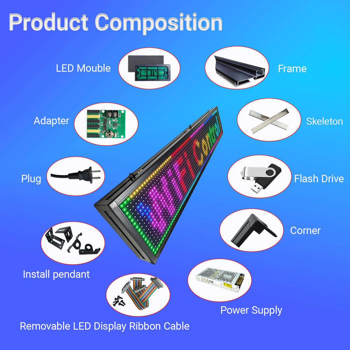 P3 Full Color Programmable LED Sign, IP65 Outdoor, WiFi Control, Support Custom Video, Electronic Message Board for Business, 40''Ã17''