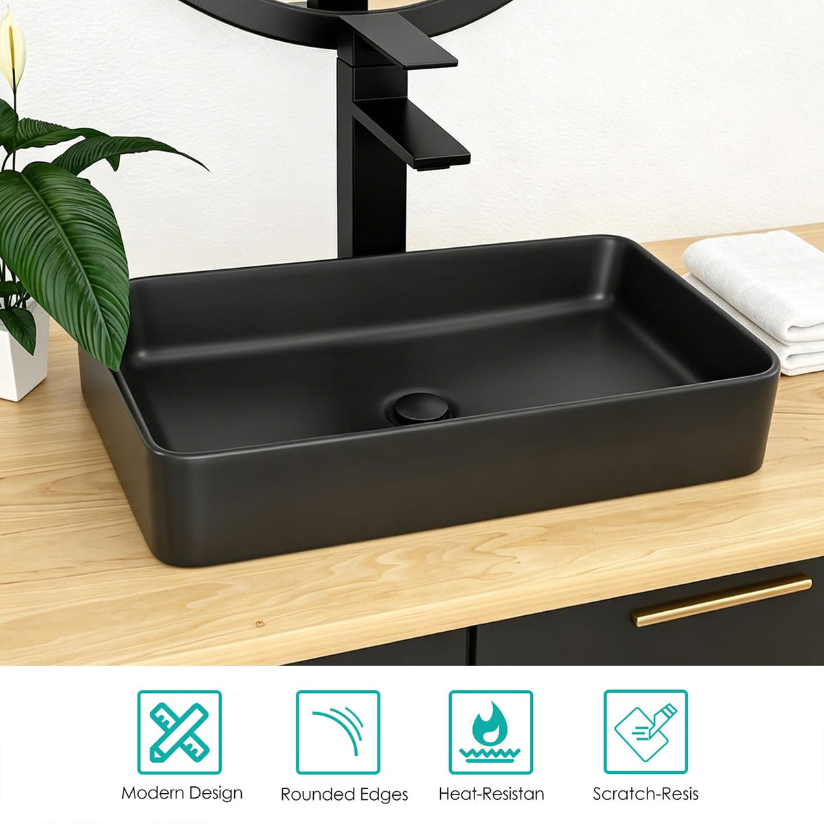 Kichae 16"x12" Vessel Sink Rectangle - Modern Above Matte Black Porcelain Ceramic Bathroom Vessel Vanity Sink Bowl Art Basin