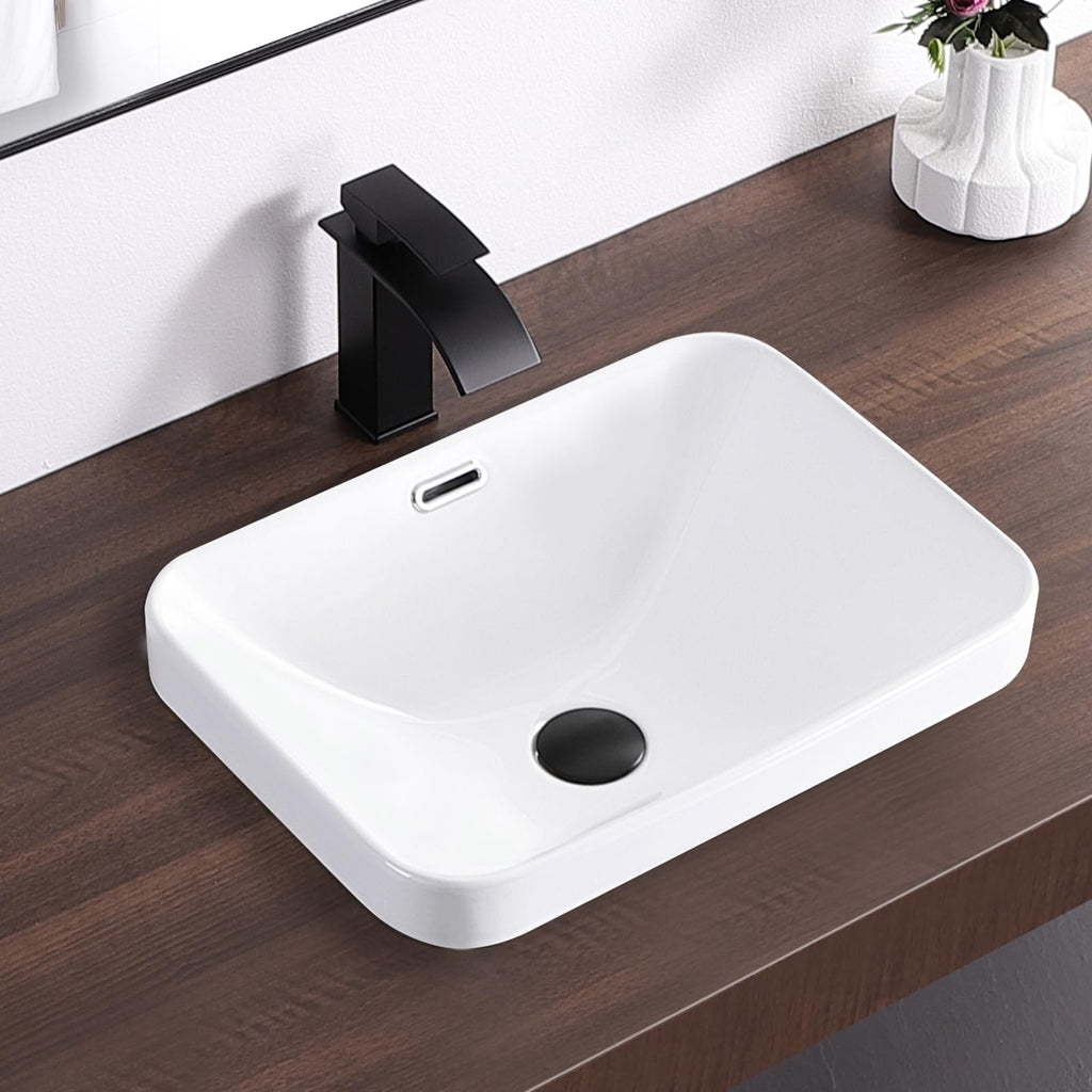 Small Bathroom Vessel Sink 16.7'' x 12.6'' Semi Recessed Bathroom Sink Rectangular Drop-in Vanity Sink with Overflow White Ceramic Modern Art Basin