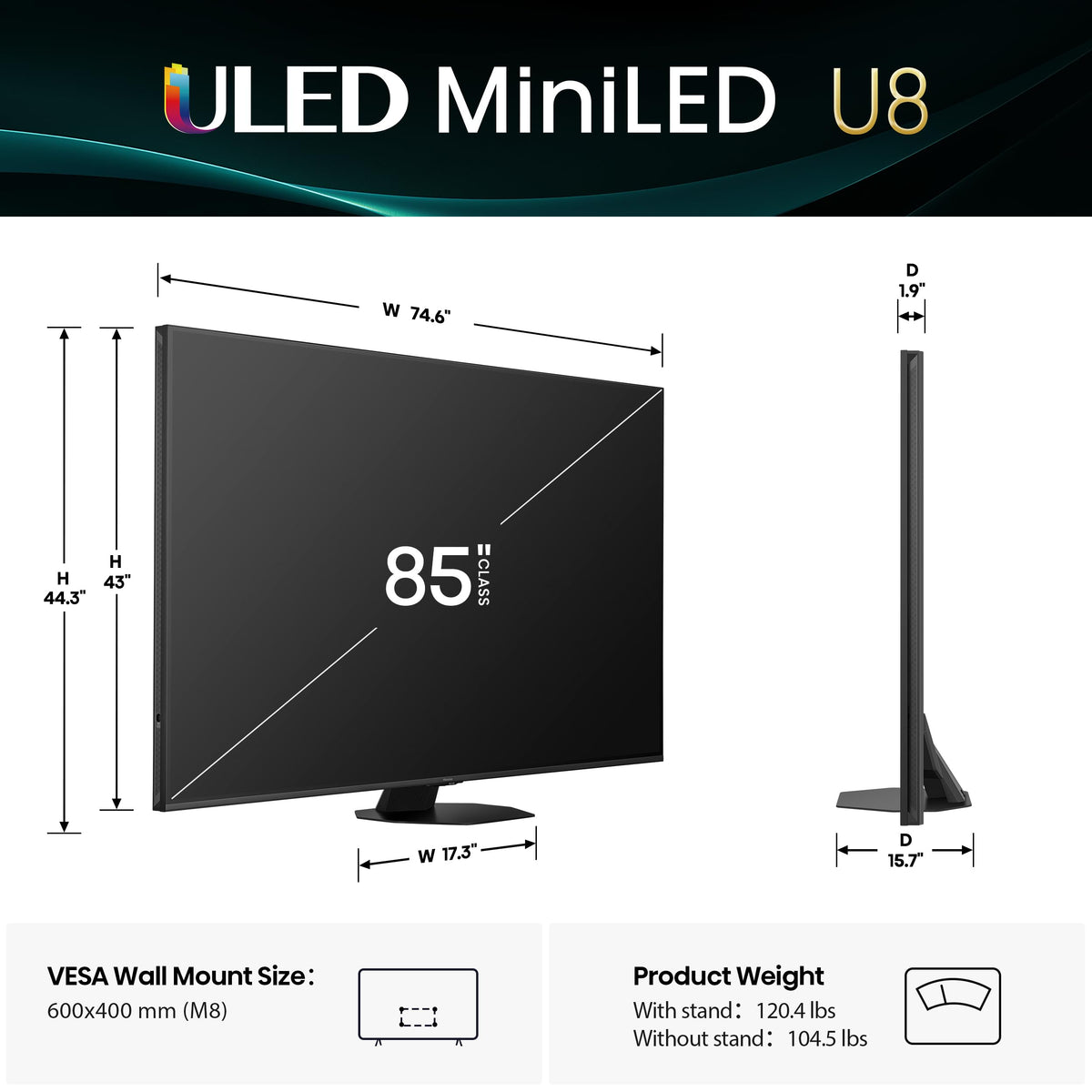 Hisense 65" U8 Series ULED Mini-LED 4K UHD Smart Google TV (65U8QG) - QLED, Native 165Hz, VRR 288, Up to LD5600, 5000 Nits, HDR10+, Dolby Vision IQ Â· Atmos, IMAX Enhanced, 4.1.2 Ch Audio