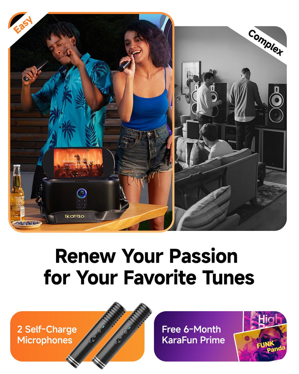 Ikarao Karaoke Machine with Microphone Stand, Portable Bluetooth Speaker for Party, Backyard, Karaoke System with 2 Wireless Microphone for Adults Kids, for Women, Men, Singing Lovers