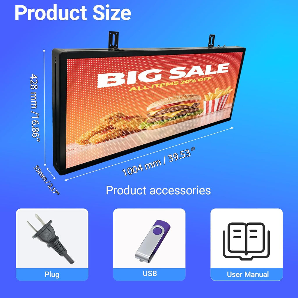P3 Full Color Programmable LED Sign, IP65 Outdoor, WiFi Control, Support Custom Video, Electronic Message Board for Business, 40''Ã17''